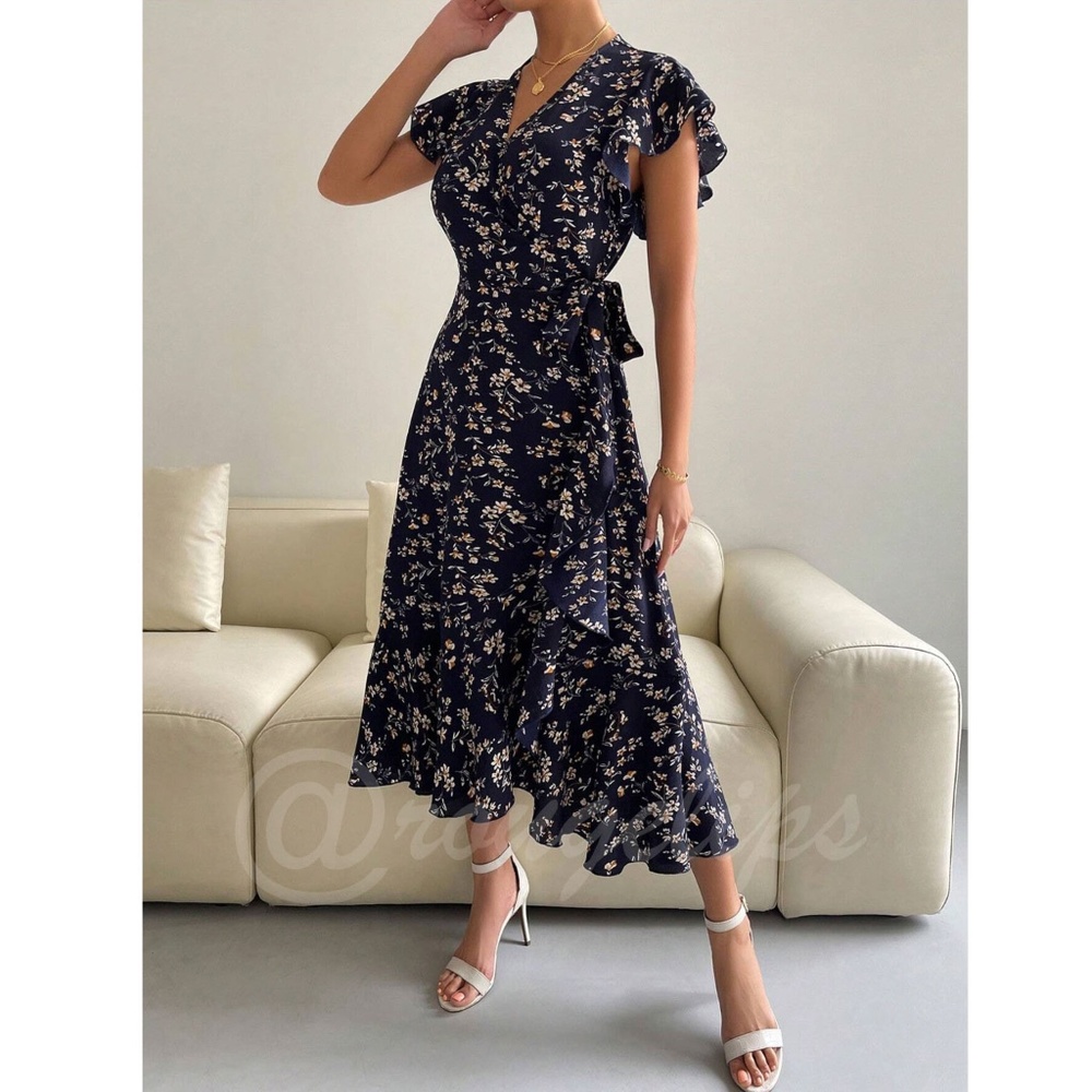 Boho Navy Blue Floral V neck Ruffle Hem Midi Length, A Line Wrap Style - Picture 4 of 10